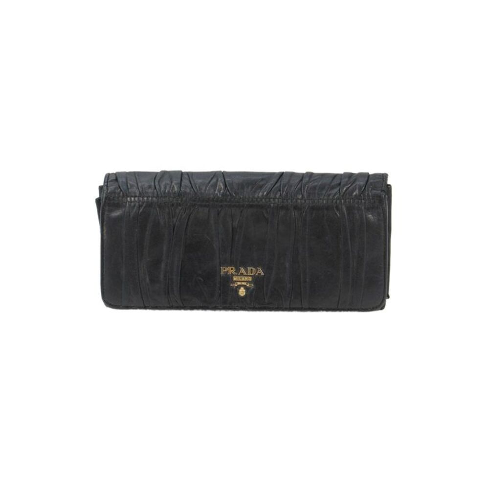 Prada Womens Leather Ruched Gold Tone Flap Wallet Black